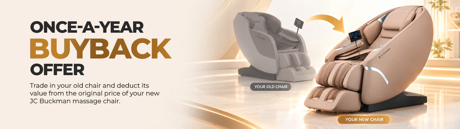 JC Buckman once-a-year buyback offer - trade in your old massage chair toward a new one